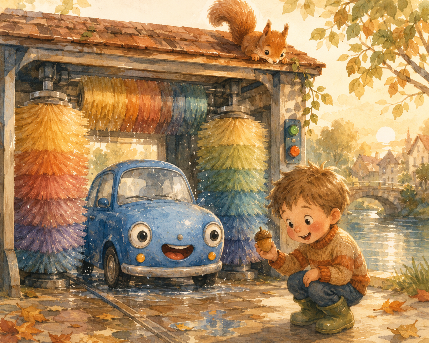 Waterverfillustratie: een blauw autootje met vrolijke ogen in een carwash met regenboogborstels, een jongen met een eikeltje en een eekhoorntje op het dak
