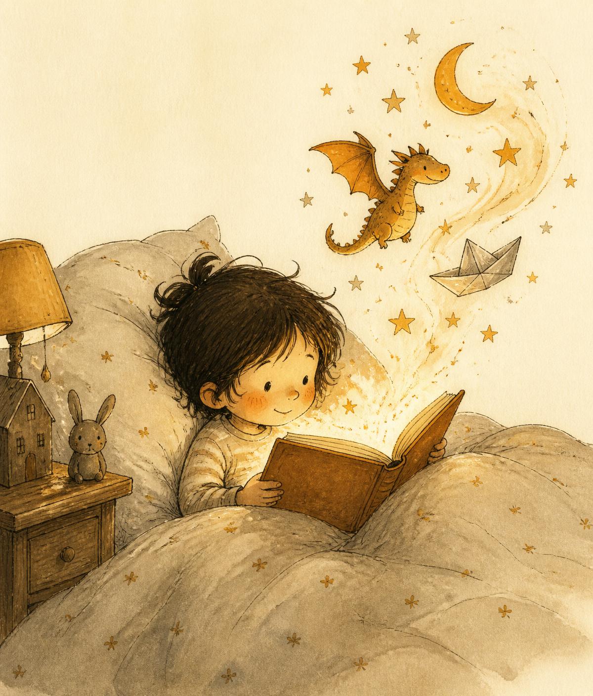 Kind leest een verlicht verhalenboek in bed, met een draakje en sterren die uit het boek dwarrelen